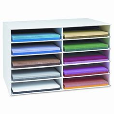 a multicolored paper holder with six sections and five compartments on the bottom shelf