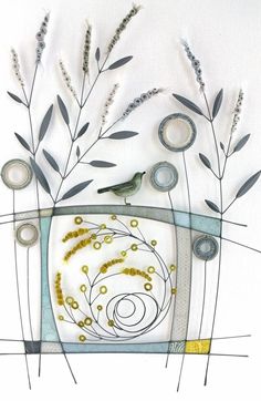 a drawing of a bird sitting on top of a tv screen surrounded by plants and circles