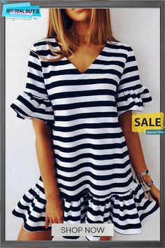 Ladies Fashion V-neck Striped Dress Chic Short Sleeve V-neck Dress For Vacation, Chic Short Sleeve V-neck Dress For Brunch, Chic A-line V-neck Dress For Summer, Trendy V-neck Mini Dress For Summer, Chic V-neck Short Sleeve Dress For Vacation, Chic Striped Short Sleeve Mini Dress, Chic Striped Mini Dress With Short Sleeves, Striped V-neck Mini Dress For Work, Elegant V-neck Dress For Day Out