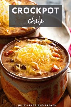 two bowls of crockpot chili with cheese on top and the title above it