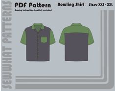 the pattern for bowling shirts is shown in three different colors and sizes, including green