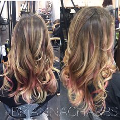 Balayage hilights with pink peekaboos #briannacharbs Pink Peekaboo Balayage, Balayage With Pink Peekaboos, Dark Blonde And Pink Hair, Pink And Blonde Highlights In Brown Hair, Pink Peekaboo Hair, Blone Hair, Brown Hair With Lowlights, Brown To Blonde Balayage