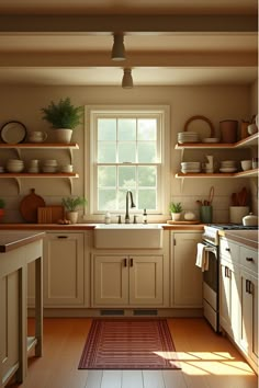 Warm, inviting farmhouse kitchen bathed in sunlight Early 2000s Kitchen Remodel, Earthy Farmhouse Kitchen, Old Home Kitchen, Kitchen With Wood Countertops, Neutral Farmhouse Kitchen, Warm Neutral Kitchen, Flip Kitchen, Dream Farmhouse Kitchen, Traditional Farmhouse Kitchen