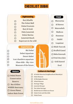 the checklist for dubai is shown in orange and white