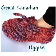 a pair of crocheted slippers with the words great canadian uggies written on them