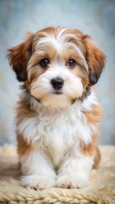 a small brown and white dog sitting on top of a rug