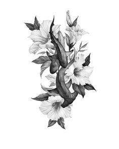 a black and white drawing of flowers