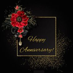 happy anniversary card with red flowers and gold glitters on black backgrounnd