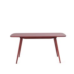 a wooden table with two legs and a red top on a white background, it is isolated from the side