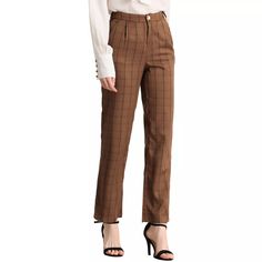 Allegra K Women's Plaid Elastic Waist Casual Work Office Long Trousers Brown X-large : Target Trendy Trousers, Plaid Pants Women, Trendy Trouser, Pants Elastic Waist, Long Trousers, Aesthetic Shoes, Plaid Pants, Work Clothes, Khaki Color