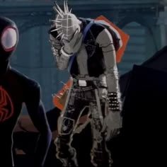 spider - man and black widow standing next to each other in front of a bridge