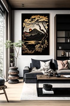 a living room filled with furniture and a painting on the wall above it's coffee table