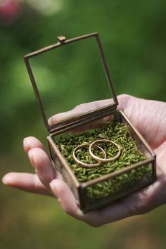 two gold wedding rings sitting in a small box filled with green moss, being held by someone's hand