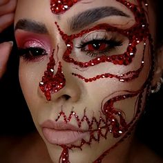 Rhinestone Halloween Makeup Looks, Bedazzled Halloween Makeup, Bedazzled Skeleton Makeup, Bedazzled Skull Makeup, Halloween Makeup Looks With Gems, Halloween Red Makeup Ideas, Gem Halloween Makeup