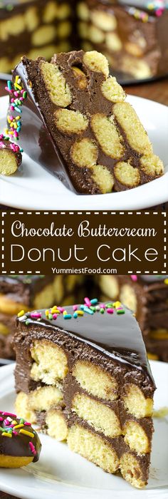 two slices of chocolate buttercream donut cake with sprinkles on top