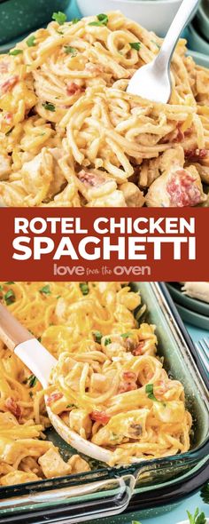 the cover of rotel chicken spaghetti love from the oven