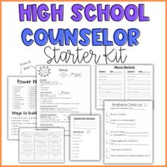 the high school counselor starter kit is shown in blue and orange with text on it