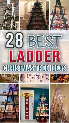 Ladder For Christmas Decor, Ladder Display For Christmas Village, Christmas Tree Ladder Village, Wooden Ladder Christmas Village, Wooden Crate Christmas Tree, Ladder Christmas Tree Village, Old Ladder Christmas Tree, Displaying Christmas Villages Ideas, Stepladder Christmas Tree