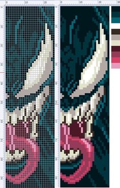 three cross stitch patterns, each with an image of the same character in different colors