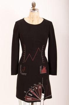 Fantastic vintage 1990s Moschino Cheap and Chic 'Love meter' dress. Black rayon acetate blend fabric with a printing of graphs and charts relating to love <3. Fitted style sheath dress with front princess seams, two front patch pockets, short slit on the left leg, and long slim sleeves. Dress is completely lined, closes with an invisible nylon zipper. Front and back side print. Excellent with no condition issues!! | MEASUREMENTS | :: Fits a modern size small :: Measurements taken in inches: Ches Graphs And Charts, Vintage Moschino, Moschino Dress, Long Sleeve Fitted Dress, Moschino Cheap And Chic, Fitted Style, Sleeves Dress, Princess Seams, Long Black Dress