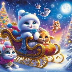 a painting of cats riding on a sleigh in the snow