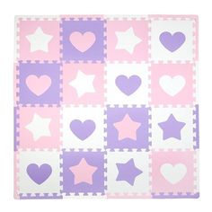 a pink and purple rug with hearts, stars, and squares