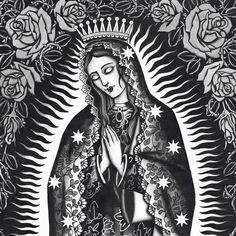 an image of the virgin mary in black and white, with roses around her head