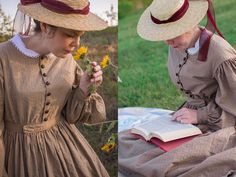 A photo collage shows two photos of a model wearing a brown 1860s dress.  The model is sniffing a sunflower in one photo and sitting on a quilt reading a book in the other photo 1800s Day Dress, 1830s Servant Dress, 1860s Fashion, 1870s Day Dress, 1870s Summer Dress, Victorian Cotton Prairie Dress For Daywear, Dickens Dress, Historical Cotton Prairie Dress For Daywear, 1860s Everyday Dress