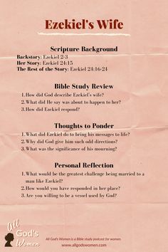 Ezekiel's Wife Bible study Ezer Kenegdo, Ezekiel Bible, Sermon Preparation, Prophet Ezekiel, Prophets Of The Bible, Bible Study For Women, Bible Character Study, Bible Study Materials, Bible Study Template