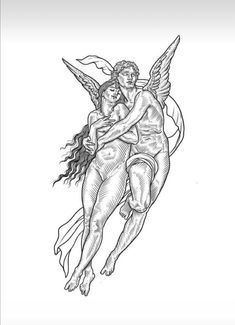 a drawing of an angel holding a woman