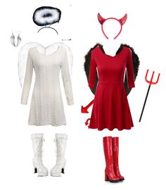 a woman in red dress and boots standing next to white outfit with cat ears on it