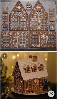 gingerbread house made with icing and decorated with snowflakes