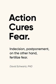 an advertisement with the words action cares fear in black and white text on a white background