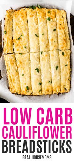 low carb cauliflower breadsticks with text overlay