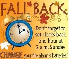 an advertisement for the fall back event with a clock and autumn leaves on yellow background