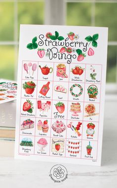 a strawberry themed card with the words strawberry things on it and pictures of strawberries