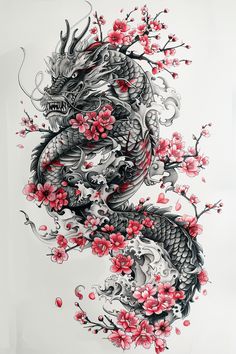 a drawing of a dragon with flowers on it