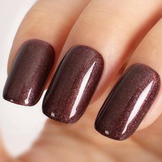 Brown Glitter Dip Nails, Dark Copper Nails, Brown Glitter Nails Design, Early Fall Nails Short Square, Bronze Nails Gel, Fall Shimmer Nails, Fall Fingernail Polish Colors, Fall Nail Colors With Chrome