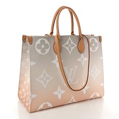 This is an authentic LOUIS VUITTON Monogram Giant By The Pool Onthego GM in Brume. This limited edition tote features oversized and smaller versions of the classic Louis Vuitton monogram printed in white on a pink-light beige coated canvas. The bag features vachetta rolled top handles and longer shoulder straps that can be tucked away inside the bag, accented with polished gold hardware. The top is open to a spacious beige striped fabric interior with zipper and patch pockets. Louis Vuitton Totes, Striped Fabric, Louis Vuitton Damier Ebene, Monogram Prints, Louis Vuitton Shoulder Bag, Pink Light, Shopping Tote, The Pool, Light Beige