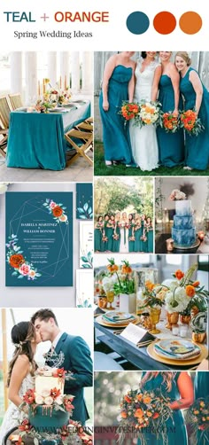 a collage of photos with orange, blue and green wedding color palettes on them