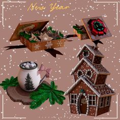 a christmas card with gingerbread houses, a cup of hot chocolate and an ornament