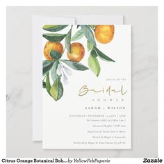 an orange tree is shown on the front of this citrus themed baby shower party card