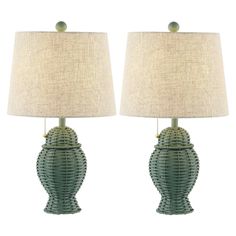 pair of green ceramic table lamps with beige linen shade