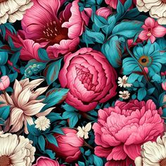 a bunch of flowers that are in the middle of some blue, pink and white