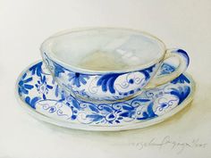 a drawing of a blue and white cup and saucer