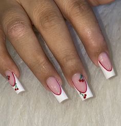 Cherry Nails Acrylic French Tip, White French Tip Nails With Red Design, Short Square Acrylic Nails Y2k, Cherry Nail Inspiration, Short Cherry Nails Designs, White French Tip With Cherry, Frenchtipnails Design, Square Nails Cherry, Simple French Nail Designs