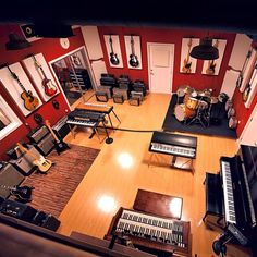 an overhead view of a room with musical instruments