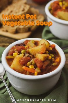 two bowls of instant pot vegetable soup on a table