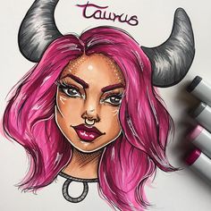 a drawing of a woman with pink hair and horns