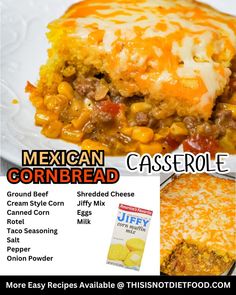 mexican cornbread casserole with ground beef, shredded corn and cheese on top